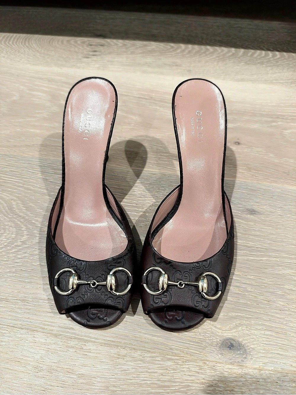 Gucci Guccissima Leather Horsebit Peep Toe Mule Heels